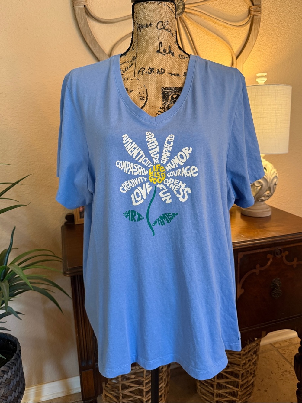 Life is Good Blue V-Neck Graphic Women’s Tee - Inspiring Daisy Design